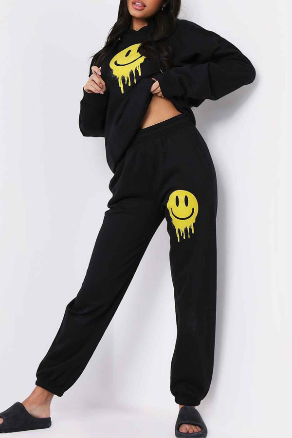Black Fashion Casual Letter Print Basic Hooded Collar Long Sleeve Two Pieces