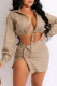 Apricot Fashion Sexy Solid Bandage Turndown Collar Long Sleeve Two Pieces