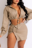 Grey Fashion Sexy Solid Bandage Turndown Collar Long Sleeve Two Pieces