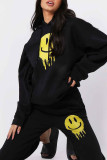 Black Fashion Casual Letter Print Basic Hooded Collar Long Sleeve Two Pieces