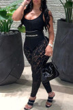 Black Fashion Sexy Patchwork See-through Skinny High Waist Pencil Trousers