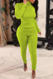 Fluorescent Green Fashion Casual Solid Basic Turtleneck Long Sleeve Two Pieces