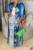 Blue Fashion Casual Print Cardigan Outerwear