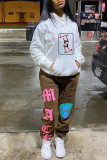 White Red Fashion Casual Print Basic Hooded Collar Tops