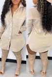 Beige Fashion Casual Solid Basic Turndown Collar Long Sleeve Dresses