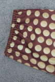 Brown Casual Print Polka Dot Patchwork V Neck A Line Plus Size Dresses