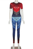 Blue Fashion Casual Print Basic O Neck Short Sleeve Two Pieces