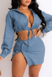 Light Blue Fashion Sexy Solid Bandage Turndown Collar Long Sleeve Two Pieces