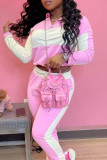 Pink Fashion Casual Patchwork Basic Zipper Collar Long Sleeve Two Pieces