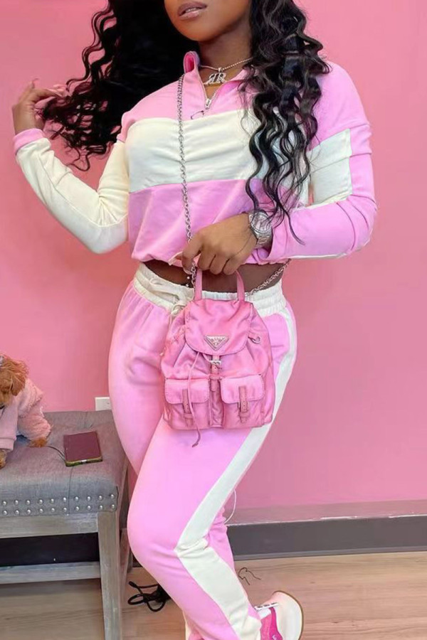 Pink Fashion Casual Patchwork Basic Zipper Collar Long Sleeve Two Pieces