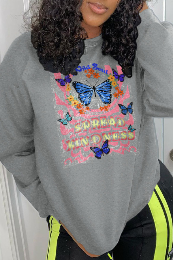 Grey Casual Street Butterfly Print Patchwork O Neck Tops