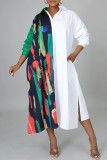 White Fashion Casual Print Patchwork Turndown Collar Long Sleeve Shirt Dress