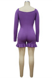 Purple Fashion Casual Solid Bandage Draw String V Neck Skinny Romper