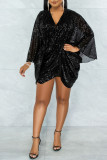 Red Sexy Solid Patchwork Sequins V Neck Irregular Dress Dresses