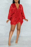 Red Sexy Solid Patchwork Sequins V Neck Irregular Dress Dresses