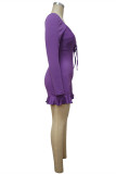 Purple Fashion Casual Solid Bandage Draw String V Neck Skinny Romper