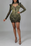Gold Sexy Solid Hollowed Out Patchwork Hot Drill Half A Turtleneck One Step Skirt Dresses