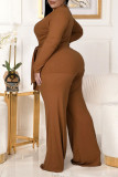 Coffee Casual Solid Bandage Split Joint O Neck Plus Size Two Pieces