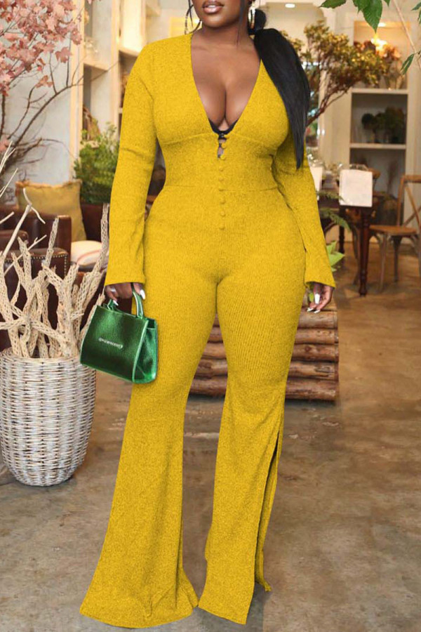 Yellow Sexy Solid Patchwork Slit V Neck Straight Jumpsuits