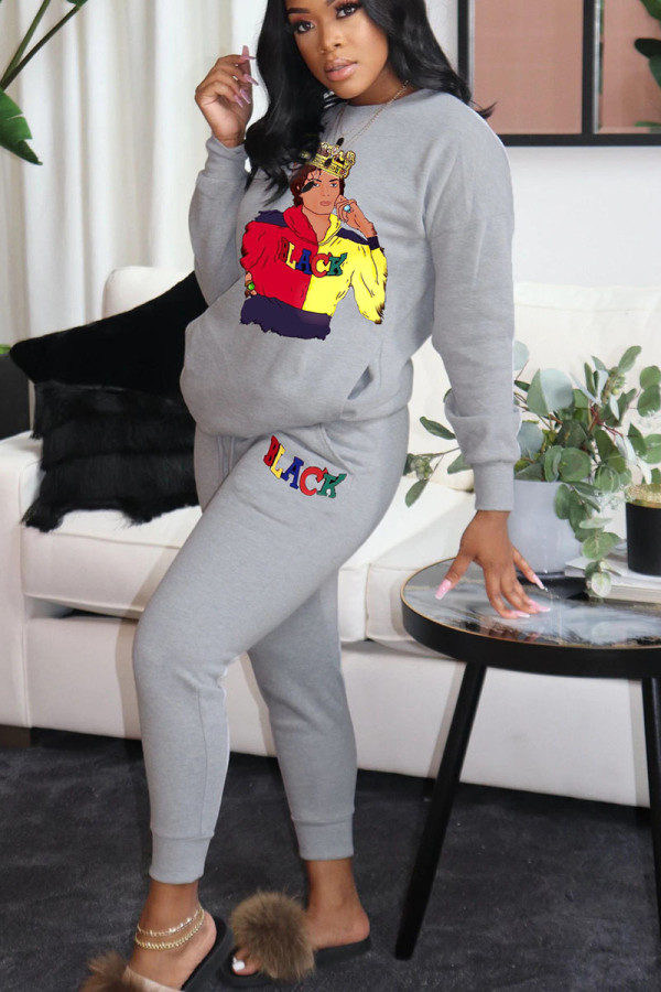 Grey Casual Print Patchwork O Neck Long Sleeve Two Pieces