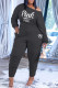 Black Fashion Casual Letter Print Pocket Oblique Collar Long Sleeve Two Pieces