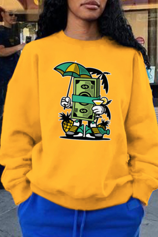 Yellow Casual Street Print Patchwork O Neck Tops