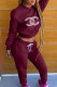 Burgundy Fashion Street Letter Hot Drill O Neck Long Sleeve Two Pieces