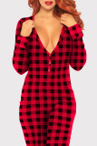 Red Fashion Living Plaid Print Patchwork V Neck Regular Jumpsuits