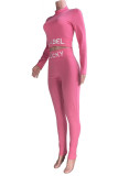 Pink Casual Sportswear Print Patchwork Half A Turtleneck Long Sleeve Two Pieces