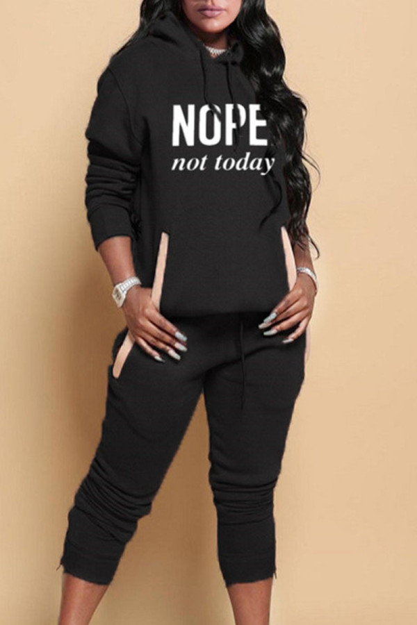 Black Casual Print Patchwork Hooded Collar Long Sleeve Two Pieces