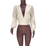 White Sexy Solid Patchwork Fold V Neck Tops