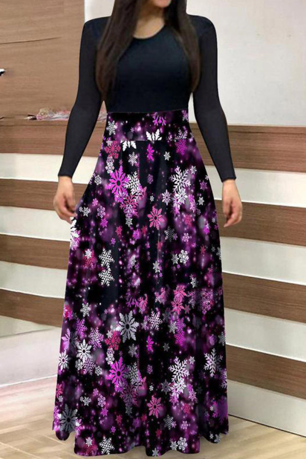 Purple Casual Print Patchwork O Neck A Line Dresses