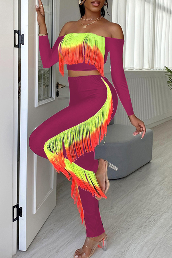 Purplish Red Sexy Solid Tassel Strapless Long Sleeve Two Pieces