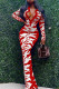 Red Sexy Print Patchwork Buckle Turndown Collar One Step Skirt Dresses