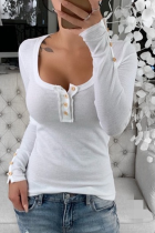 White Sexy Solid Buckle O Neck Tops