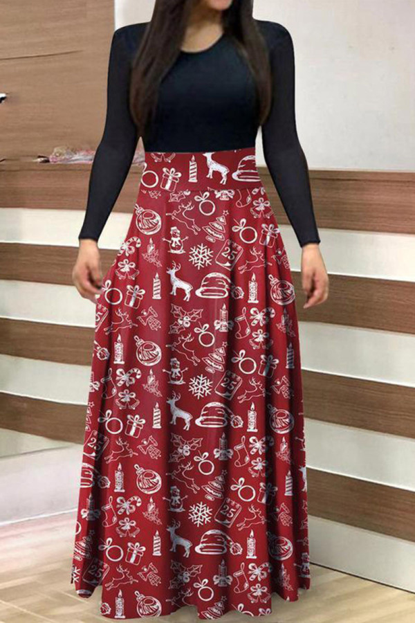 Burgundy Casual Print Patchwork O Neck A Line Dresses
