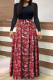 Burgundy Casual Print Patchwork O Neck A Line Dresses