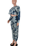 Blue Casual Print Patchwork O Neck Long Sleeve Two Pieces