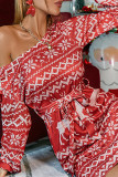 Red Fashion Casual Print With Belt O Neck Long Sleeve Dresses