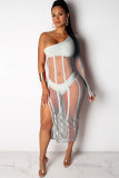 White Fashion Sexy HOLLOWED OUT perspective Mesh Patchwork asymmetrical crop top Three-Piece Sui