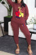 Burgundy Casual Print Patchwork O Neck Long Sleeve Two Pieces