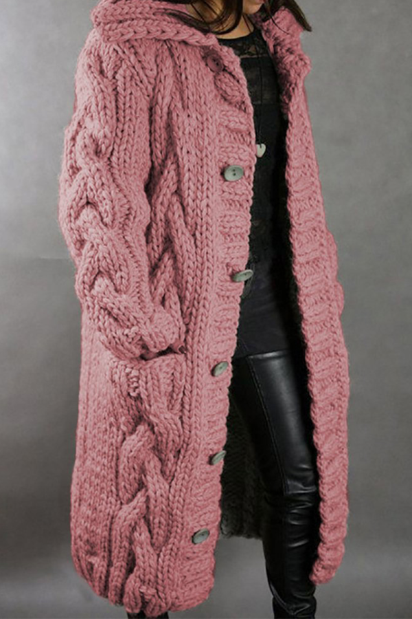 Pink Casual Solid Buttons Hooded Collar Tops