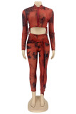 Purplish Red Fashion Casual Print Bandage Zipper Collar Long Sleeve Two Pieces