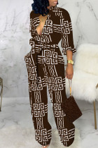 Brown Casual Print Bandage Split Joint Buckle Turndown Collar Straight Jumpsuits
