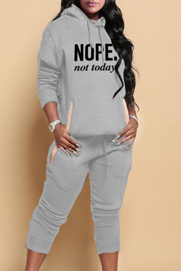 Grey Casual Print Patchwork Hooded Collar Long Sleeve Two Pieces