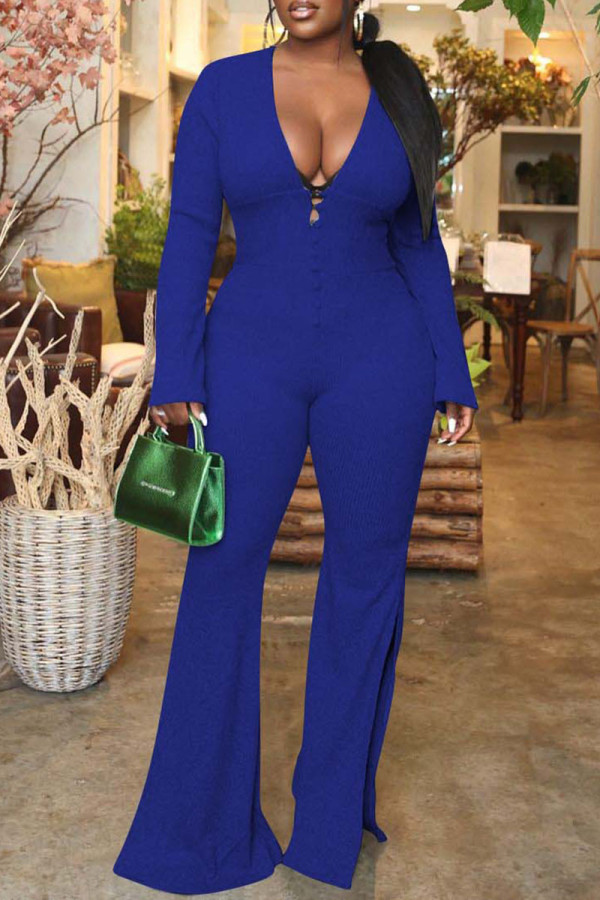 Blue Sexy Solid Patchwork Slit V Neck Straight Jumpsuits