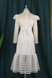 White Fashion Sexy Patchwork See-through Turtleneck Long Sleeve Dresses
