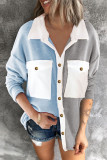 Blue Casual Solid Patchwork Pocket Buckle Turndown Collar Tops