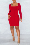 Red Sexy Solid Split Joint See-through Square Collar One Step Skirt Dresses