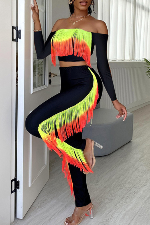 Black Sexy Solid Tassel Strapless Long Sleeve Two Pieces